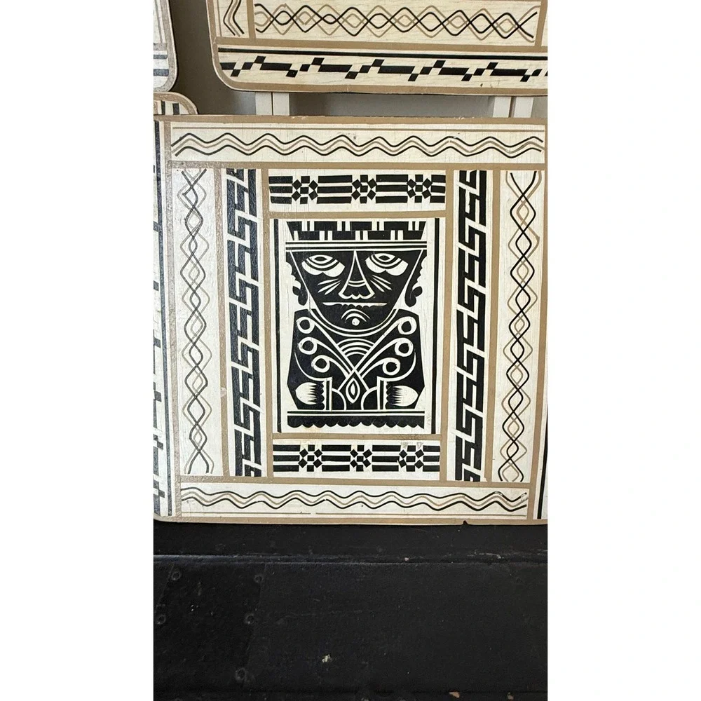 Vintage Polynesian Folding TV Tray Set Storage Stand MCM Folk Colonial Maori Art